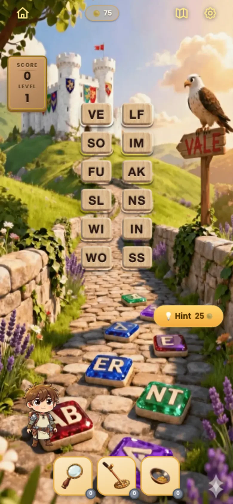 An Epic Words board: two columns of six wooden tiles reading VE, SO, FU, SL, WI, WO on the left and LF, IM, AK, NS, IN, SS on the right, over a castle and countryside scene