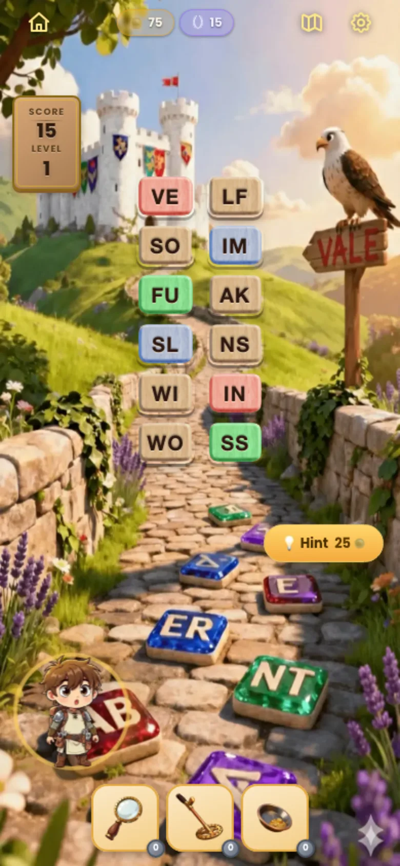 The board with three word pairs solved, each pair sharing a colour: VE with IN in pink, SL with IM in blue, FU with SS in green