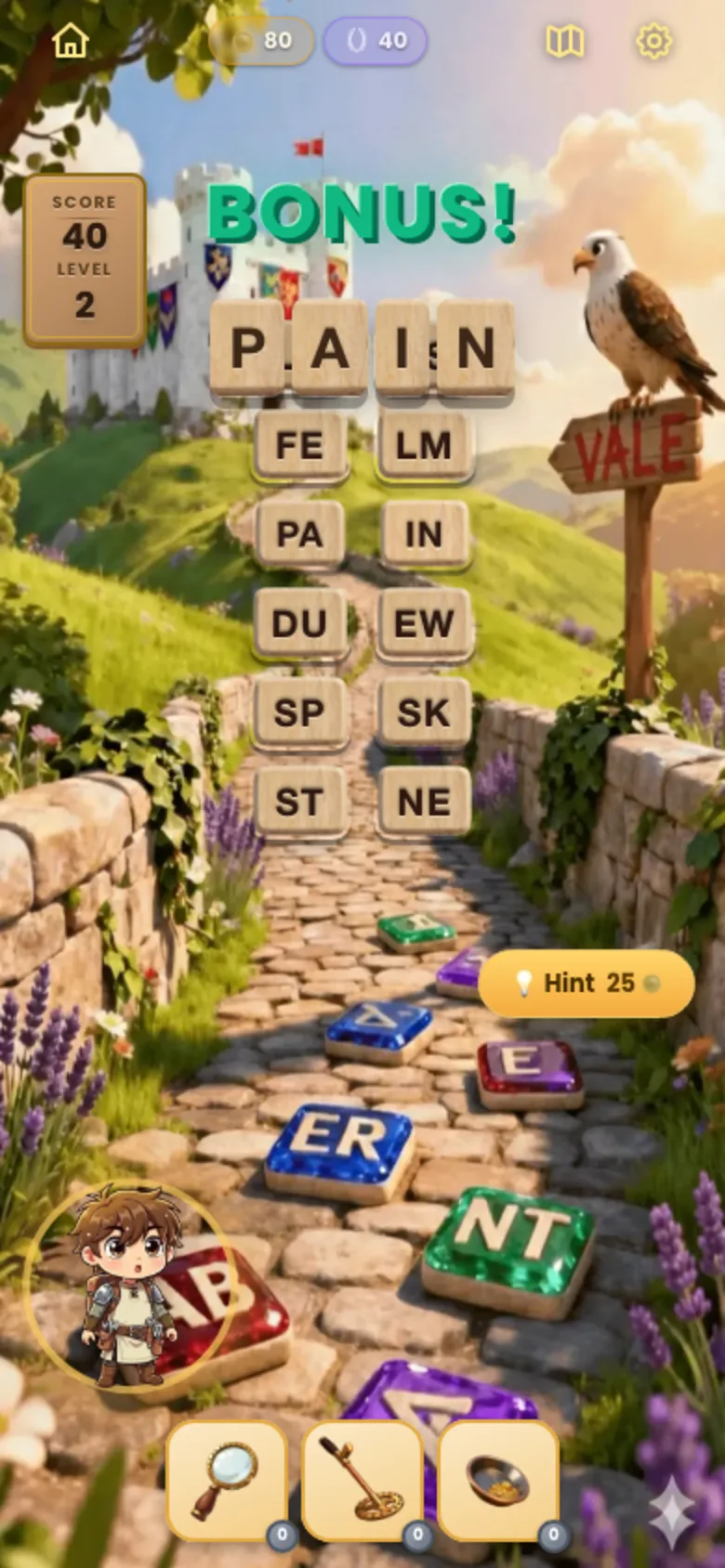 The board celebrating a bonus word, with BONUS! in large green letters and the tiles P A I N spelled out above the grid