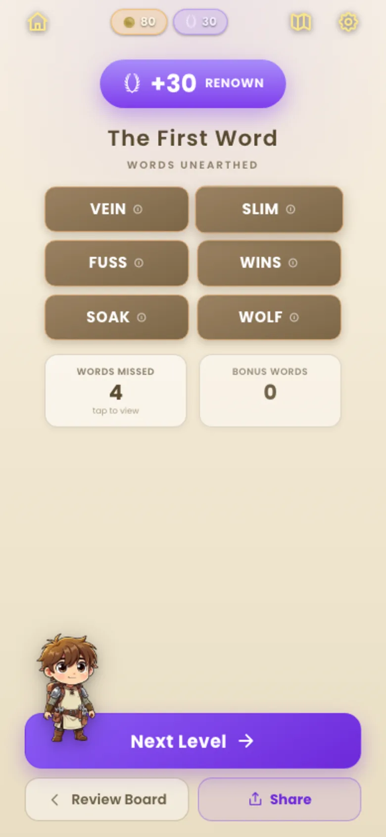 The round complete screen showing plus 30 Renown, the kingdom name The First Word, the six words VEIN SLIM FUSS WINS SOAK WOLF, and a panel reading Words Missed 4, Bonus Words 0