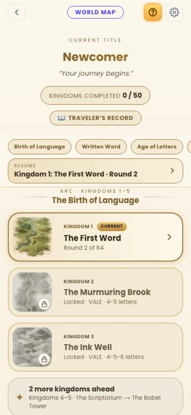 The Epic Words world map screen showing Kingdoms Completed 0 of 50 and six story arcs from Birth of Language to Last Lexicographers