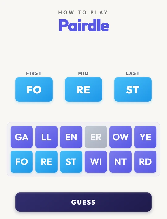 FOREST solved: FO, RE, ST all blue across the three boxes