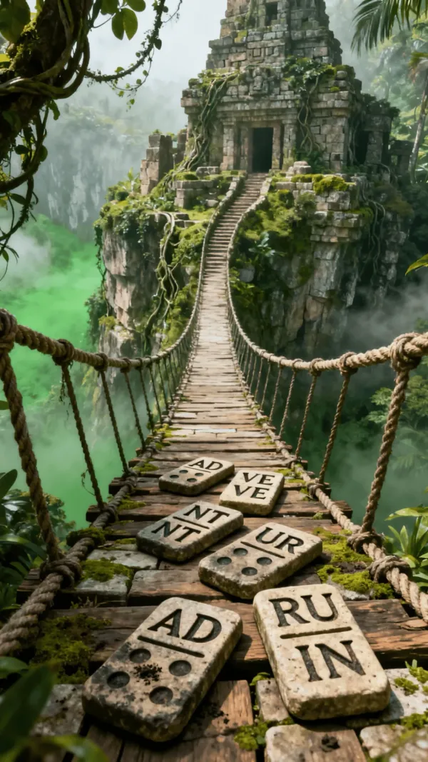 A bridge of carved letter-tiles leads to a jungle temple in Epic Words