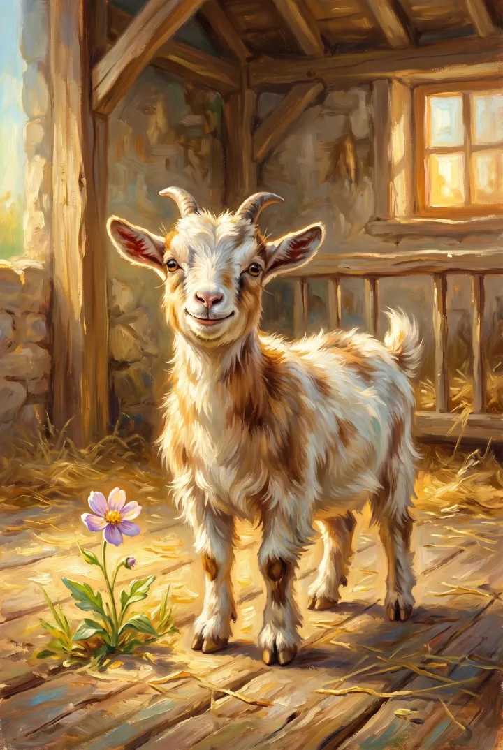 A hand-painted storyline card: a young goat in a sunlit barn