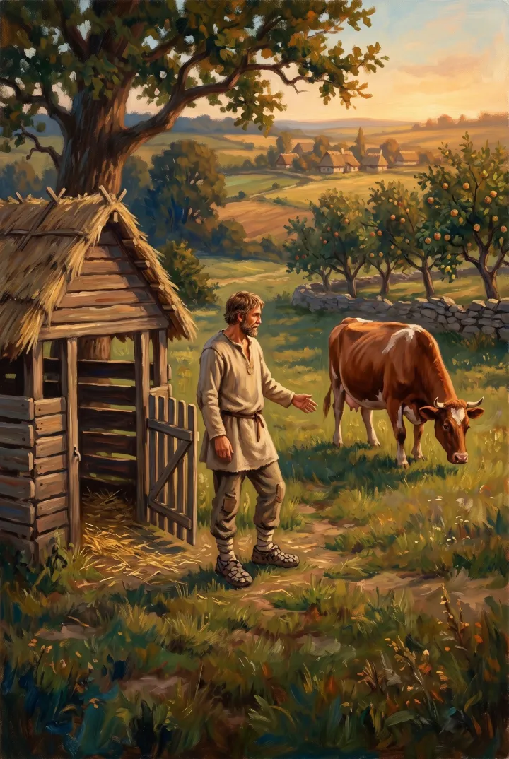 A hand-painted storyline card: a farmer and his cow at the edge of the village