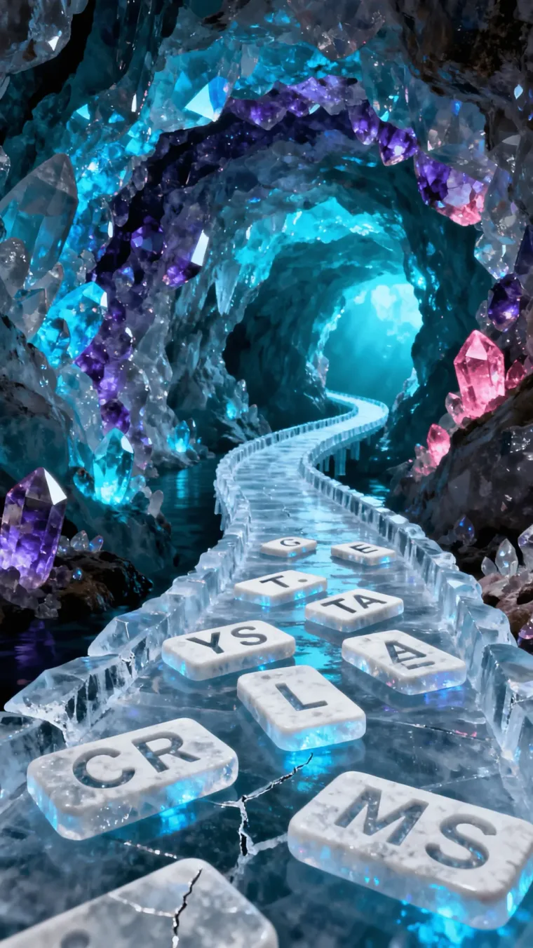 A glowing crystal cavern with a path of frozen letter-tiles descending into Epic Words
