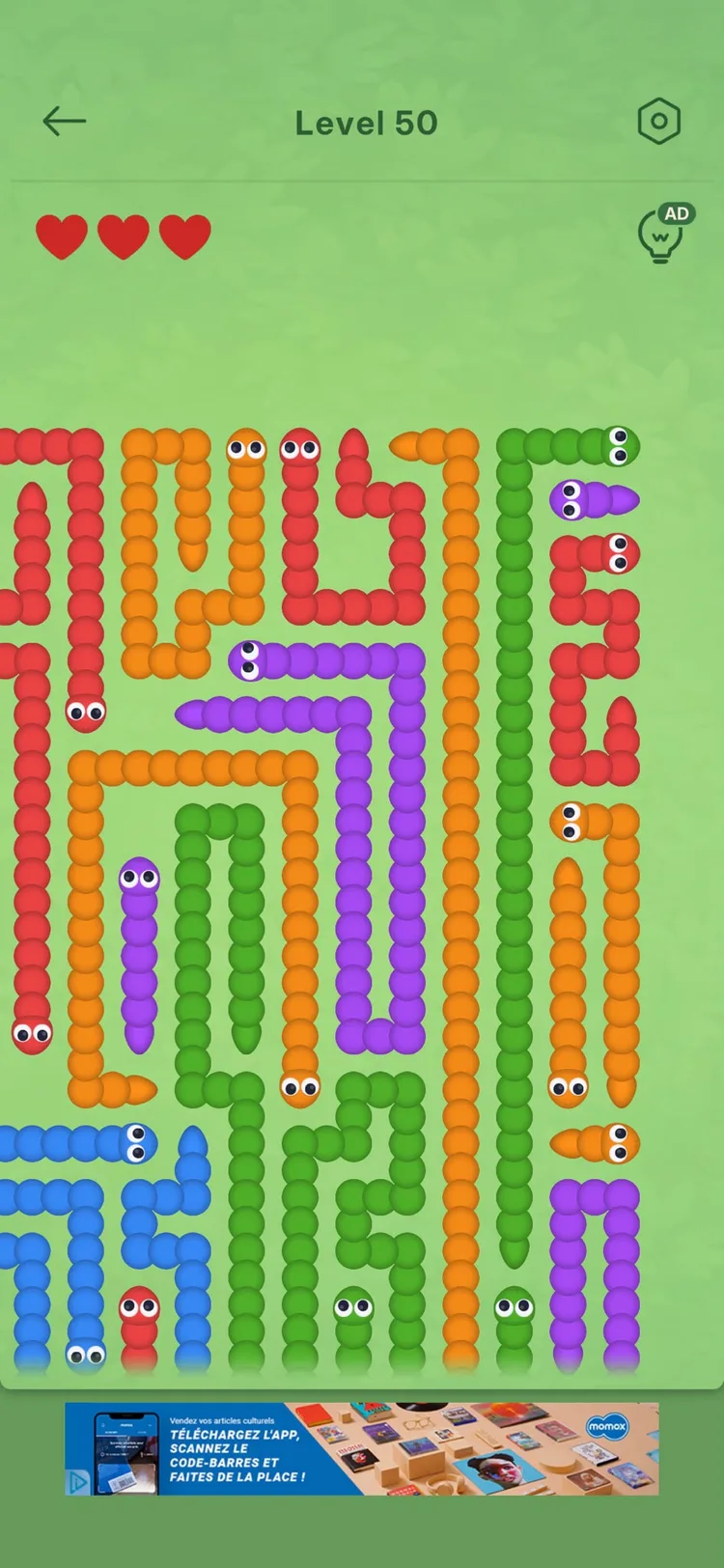 The same caterpillar level part-way through — much of the board now empty, with the remaining caterpillars easier to trace