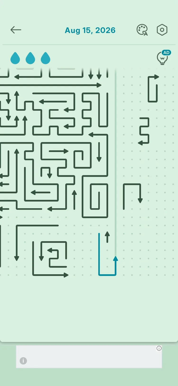 A partially cleared arrow board in Amaze Go, with one arrow highlighted in blue by the press-and-hold route preview