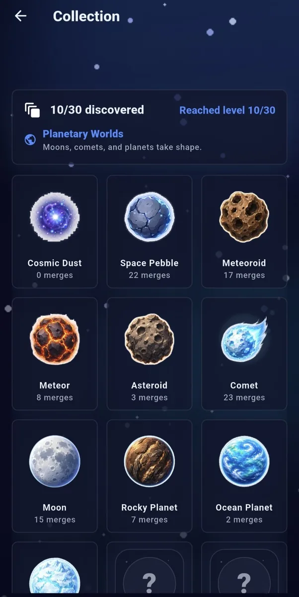 The Astral Fusion collection screen, 10 of 30 found: nine named objects from Cosmic Dust to Ocean Planet, each with how many times it was made, and question marks for the ones not found yet
