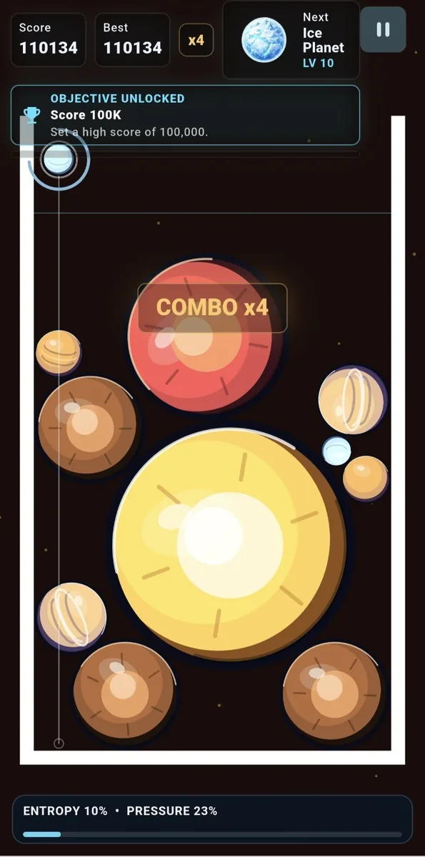 An Astral Fusion game in progress: a big yellow body fills the middle of the box, a red one sits on top with COMBO x4 written across it, and the next piece shown at the top is an Ice Planet, level 10