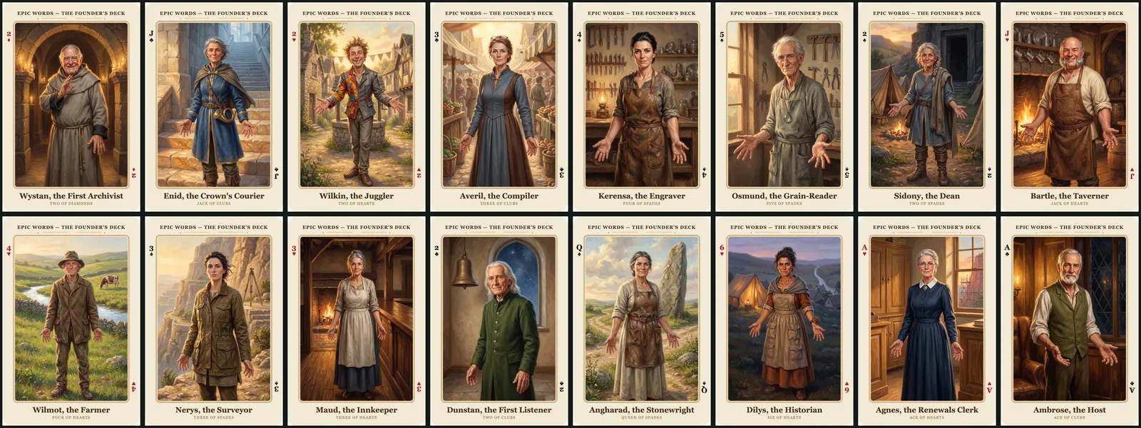 Sixteen finished character cards laid out in a grid, in which nearly every character stands with both arms held out from the body and palms open, producing an identical welcoming pose across the whole set