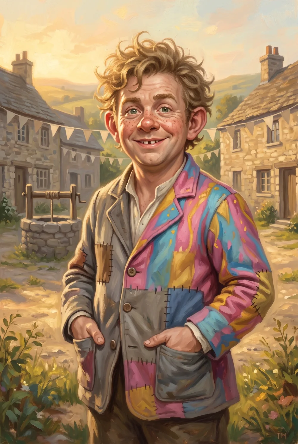A generated portrait of a juggler in patchwork motley with greatly oversized protruding ears and a bulbous red nose, painted in a warm storybook oil style