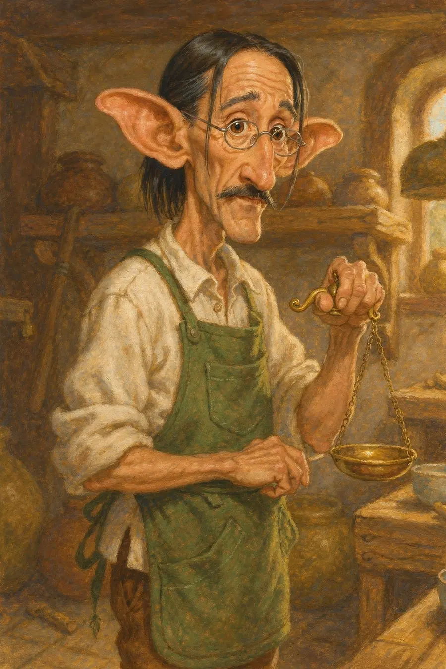 A generated portrait of a grocer in a green apron holding a brass balance scale, with enormous pointed ears, an elongated tapering skull and oversized eyes — an elf rather than a human