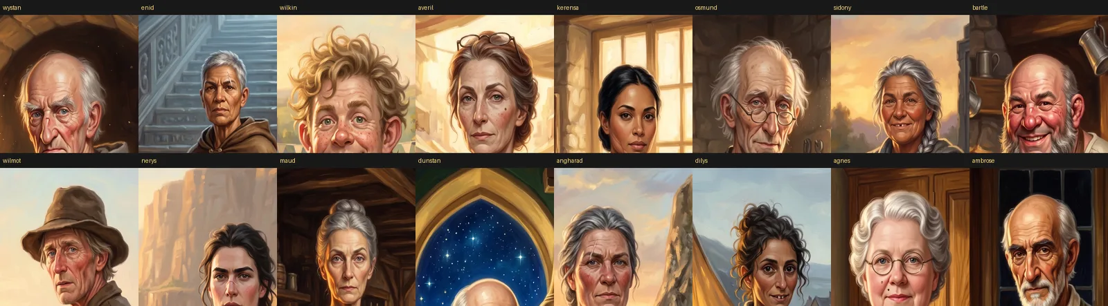 A montage of sixteen regenerated faces that are now genuinely distinct from each other, but where two have drifted into caricature with exaggerated ears and noses, and one has a broken composition with the head cropped out of frame