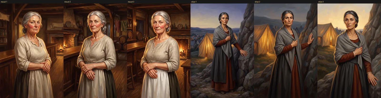 A comparison strip of regenerated portraits in which two characters now stand with their hands clasped or folded at the waist rather than arms extended, in varied settings