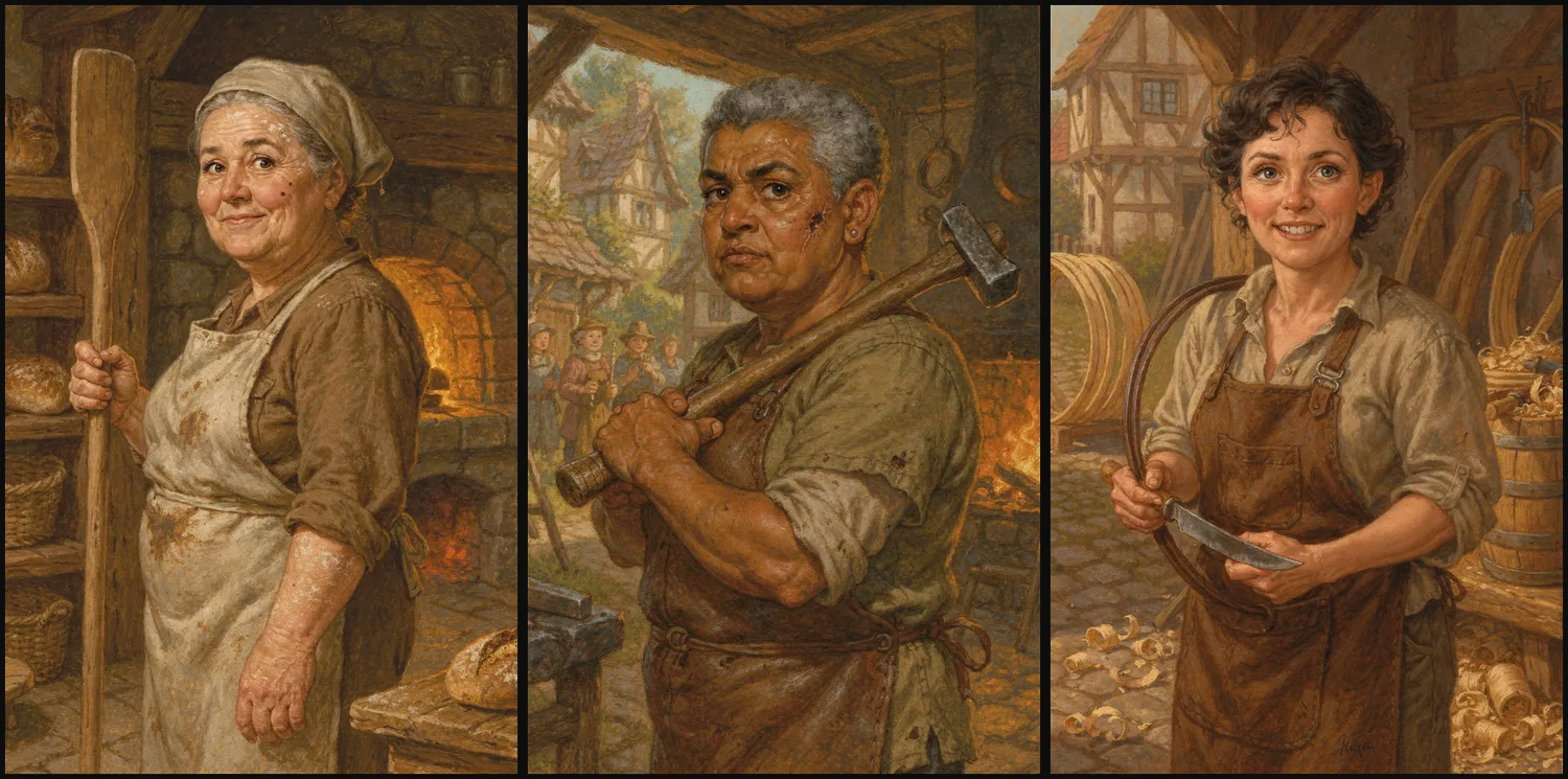 Three portraits from the rejected engine — a baker, a blacksmith and a cooper, each clearly a different person, but painted flatter and muddier than the house style, with a faint cursive signature visible at the lower right of the third