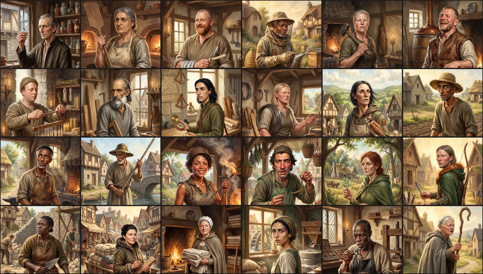 Twenty-four finished portraits from the game, each a different tradesperson at work: an apothecary, a baker, a barber, a beekeeper, a blacksmith and more, all in one warm painted style