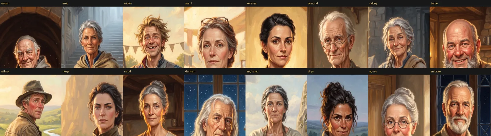 A montage of sixteen generated character faces where the middle-aged women are nearly identical to each other and the elderly men are nearly identical to each other, despite having different names