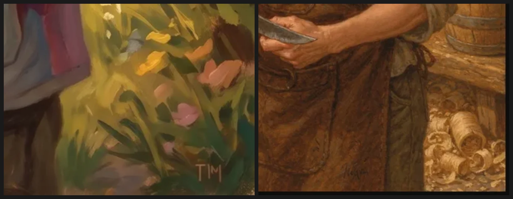 Two close-ups of the bottom right corner of generated portraits. The left one has the painted initials T M. The right one has a faint scrawled signature on a leather apron