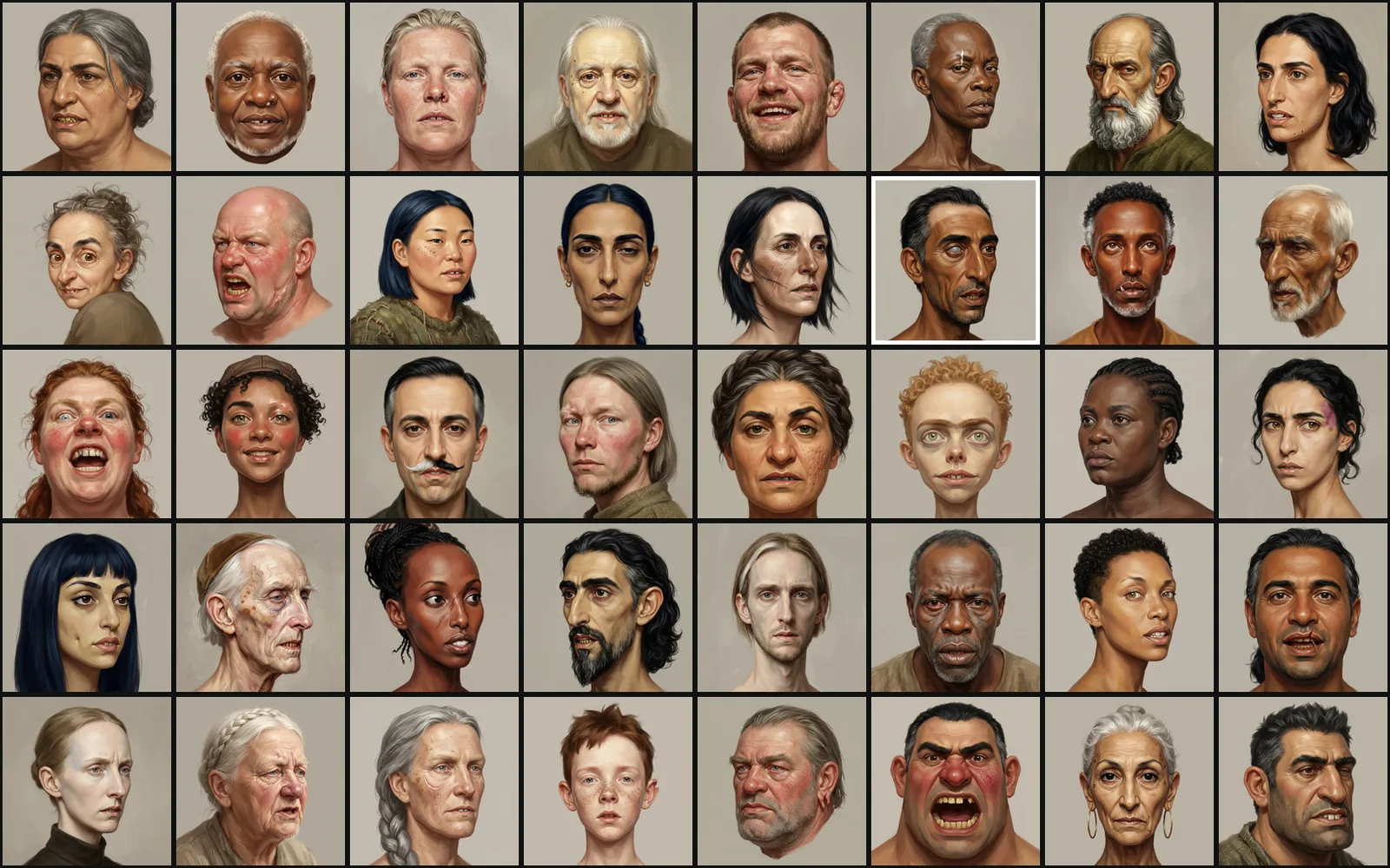 A montage of forty finished character head studies, all in the same painted style but every face clearly a different individual, spanning a wide range of ages, builds, origins and expressions