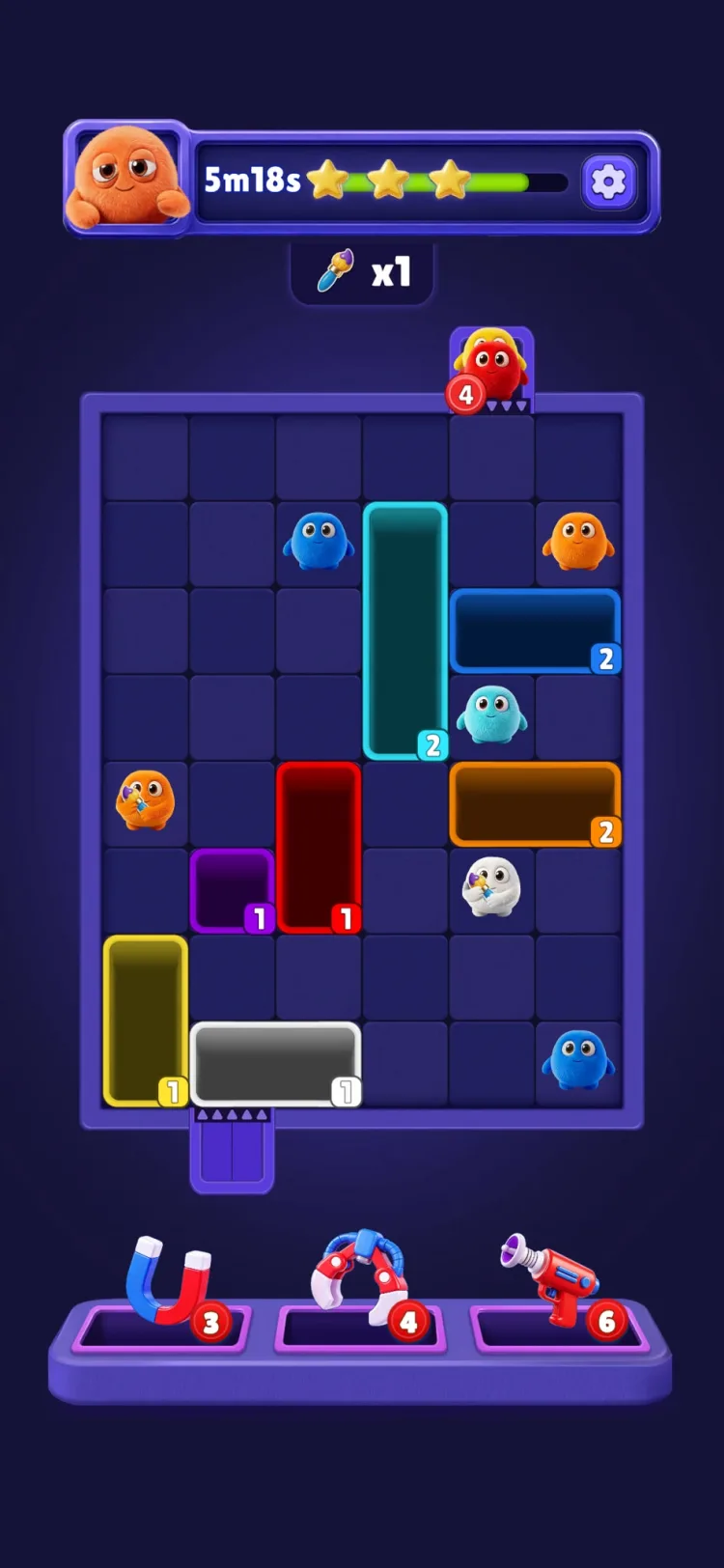 A Fluffy Drop level in progress — a dark grid board with coloured outlined spaces each showing the number of fluffy balls it still needs, several fluffy characters scattered across the grid, and a tray of three tools below