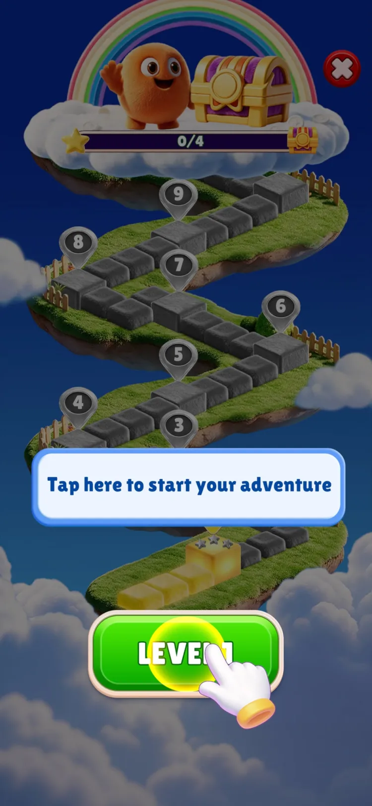 The Fluffy Drop level map — a winding stone path floating through clouds with numbered level markers, a star progress bar and a treasure chest at the top