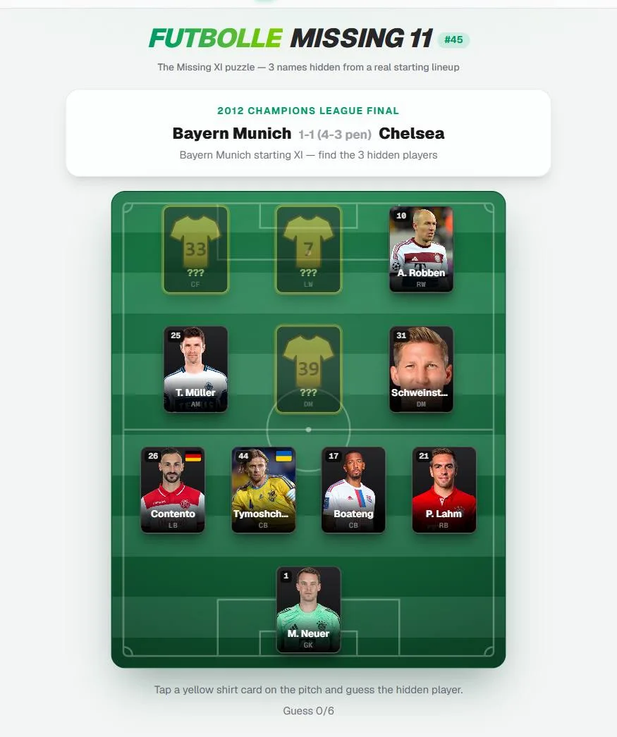Futbolle Missing 11 #45: Bayern Munich's starting XI from the 2012 Champions League final against Chelsea laid out on a pitch, with numbers 33, 7 and 39 hidden behind yellow shirts