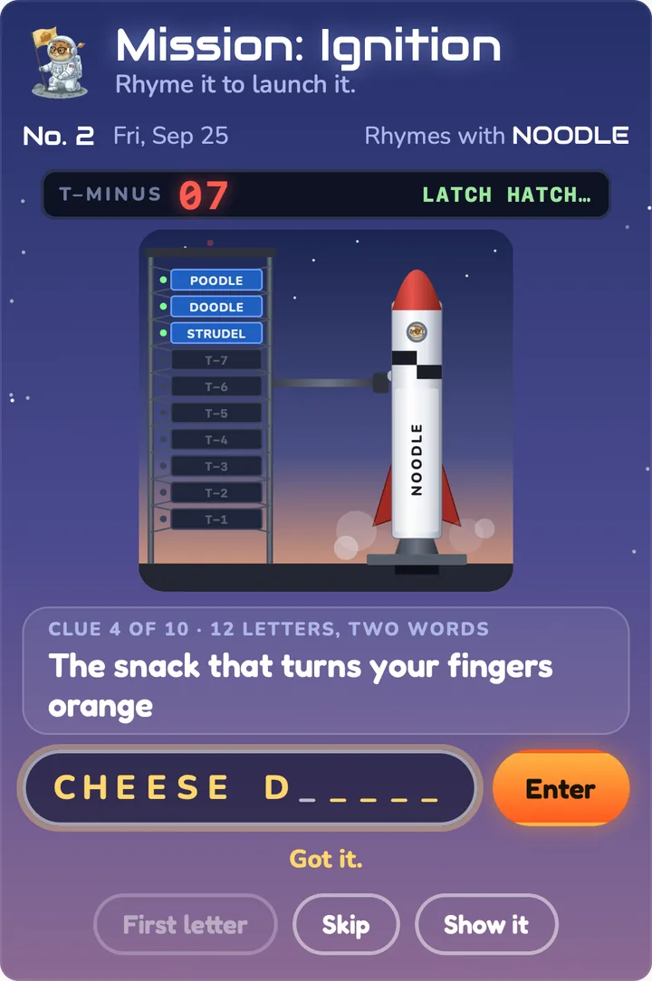Mission Ignition No. 2 at T minus 7. POODLE, DOODLE and STRUDEL are lit on the tower. The fourth clue reads The snack that turns your fingers orange, 12 letters, two words, and the answer box shows CHEESE D with the rest blank after a First letter hint