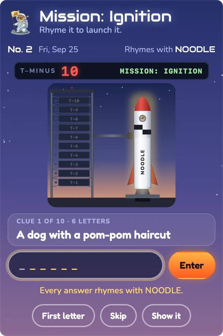 Mission Ignition No. 2 at the start. The rocket says NOODLE on its side, the countdown shows T minus 10, and the first clue reads A dog with a pom-pom haircut, 6 letters, with First letter, Skip and Show it buttons below