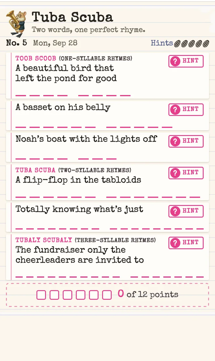 The Tuba Scuba board for No. 5 before any answers are filled in: six clue cards, each with pink dashes for the letters of a two word answer, a HINT button on each card, five hint seeds at the top and a score box reading 0 of 12 points