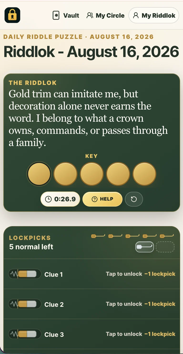 The Riddlok daily board — a dark green card holding the riddle, five empty gold circles for the KEY, a running timer, and a lockpick panel below listing Clue 1, Clue 2 and Clue 3, each costing one lockpick to unlock