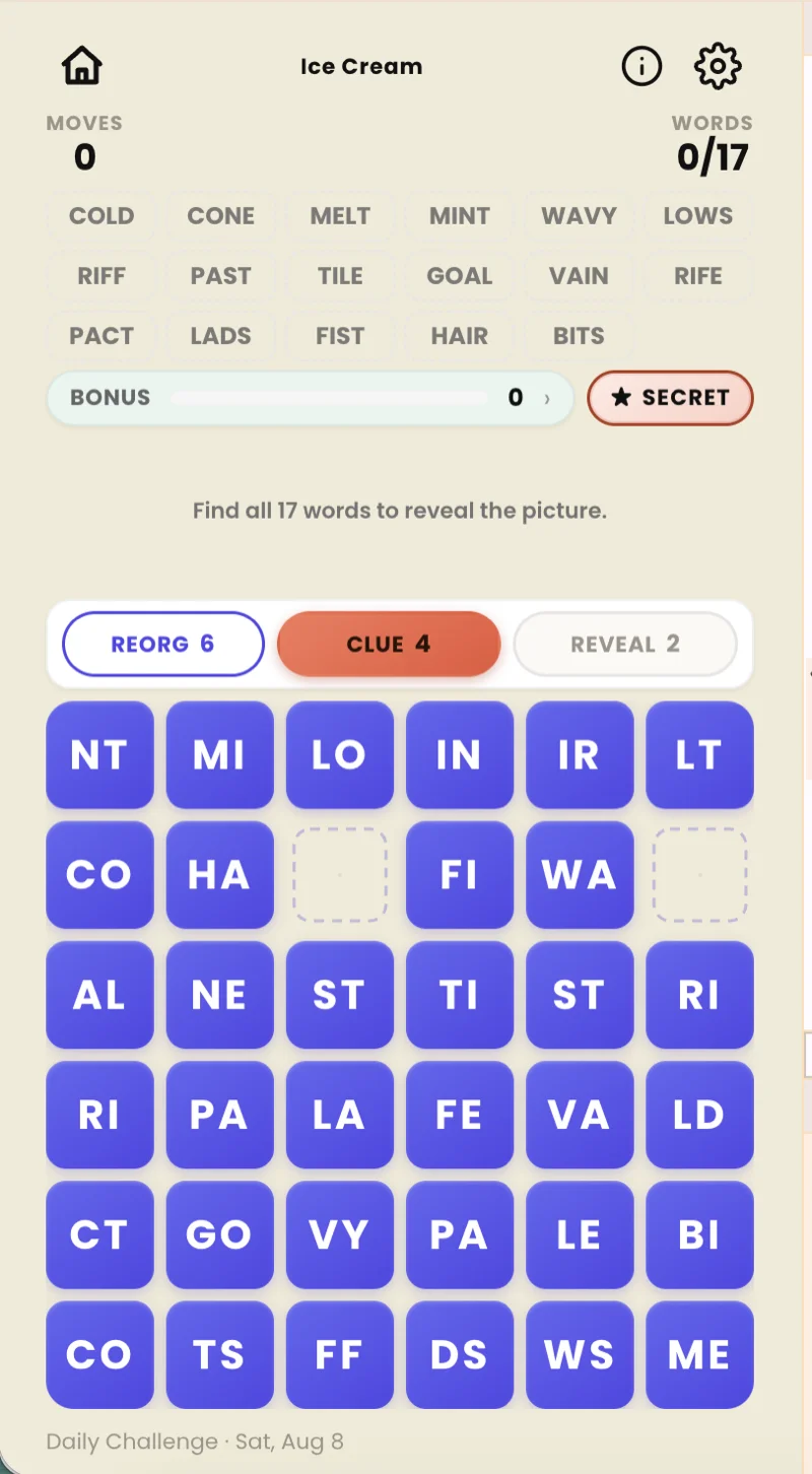 The same board after spending a reveal — all 17 words now listed across the top, reveal counter down to 2