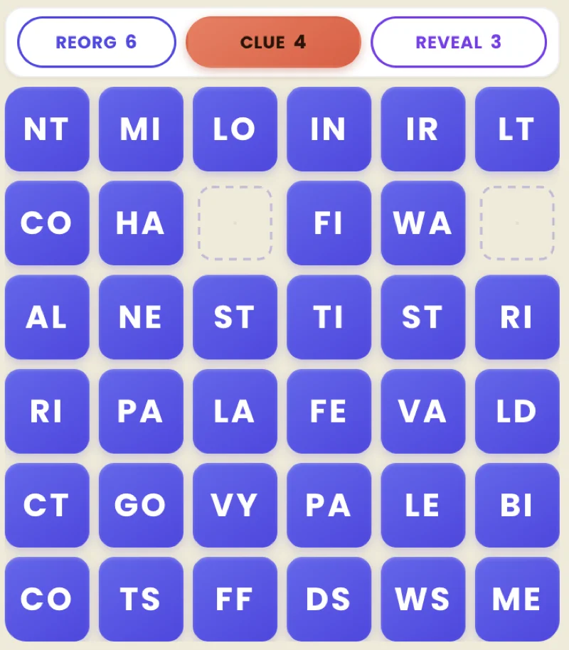 The opening Ice Cream board — 36 letter-pair tiles, two open squares, and the toolbar showing 6 reorgs, 4 clues and 3 reveals