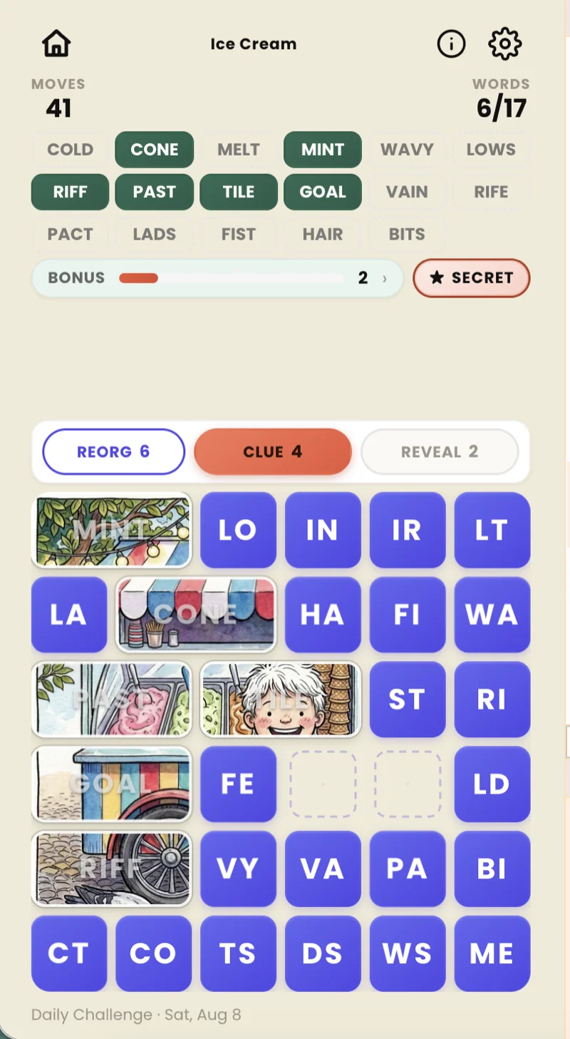 Move 41 — six words found, two bonus words banked, and the kid's face grinning out of the TILE tile