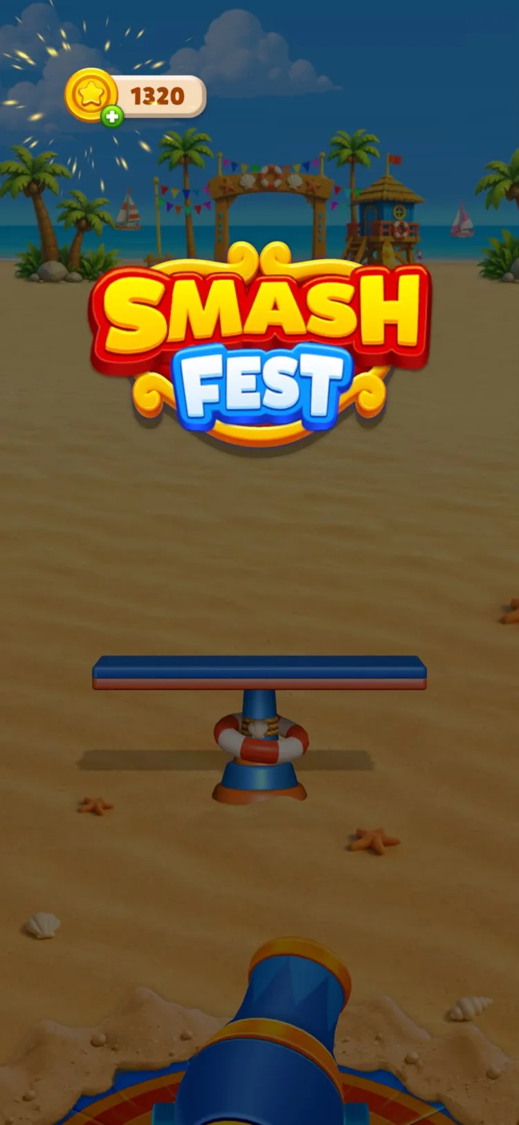 The Smash Fest title screen — a bright beach with palm trees, bunting and a lifeguard hut behind an empty platform, with the cannon waiting at the bottom of the screen