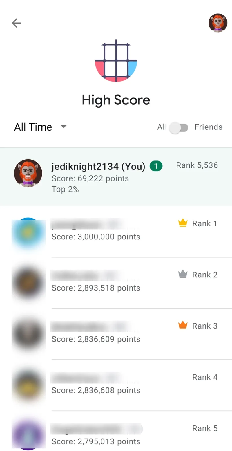 The Threes! all-time high score leaderboard with player names blurred: my own entry at 69,222 points, rank 5,536, top 2% — above the top five scores of 3,000,000, 2,893,518, 2,836,609, 2,836,608 and 2,795,013 points