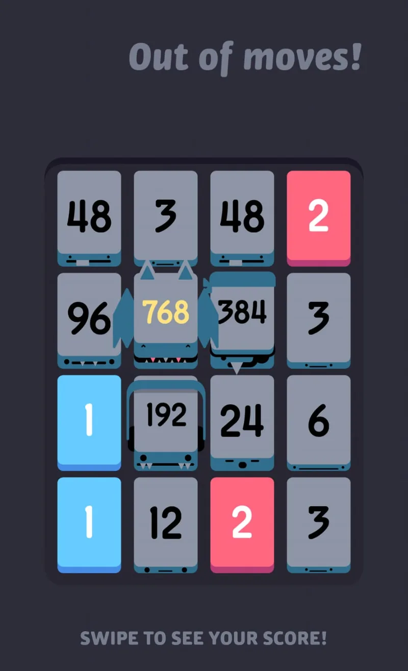 The Threes! game over screen reading "Out of moves!" above a jammed four-by-four board: a 768 stranded in the middle surrounded by a 96 and a 384, two 48 cards separated by a 3, and two 1 cards stacked in the left column with both 2s in the opposite corner