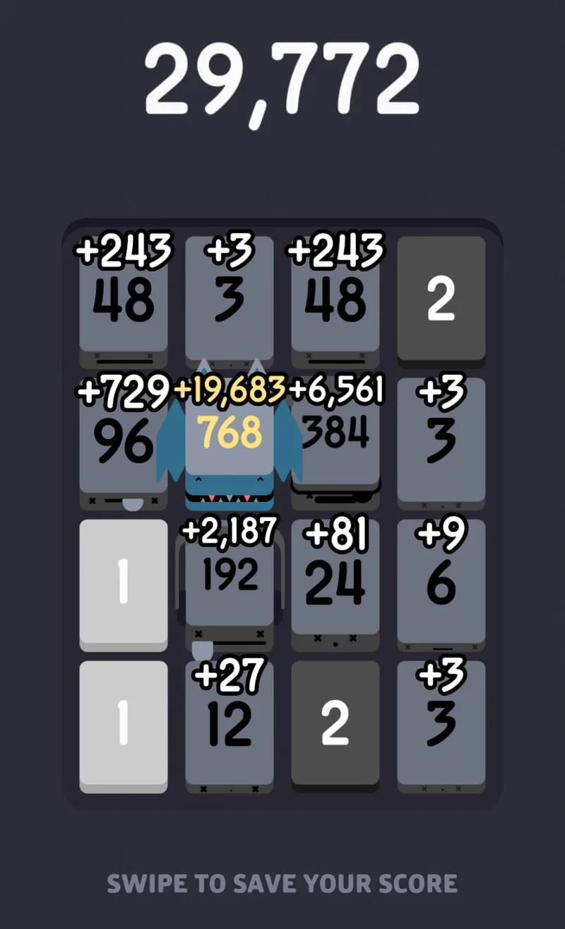 The Threes! score screen at the end of a run, with a value stamped over every card on the board: the 768 is worth 19,683, the 384 is worth 6,561, the 192 is worth 2,187, and the small cards are worth 243, 81, 27, 9 and 3