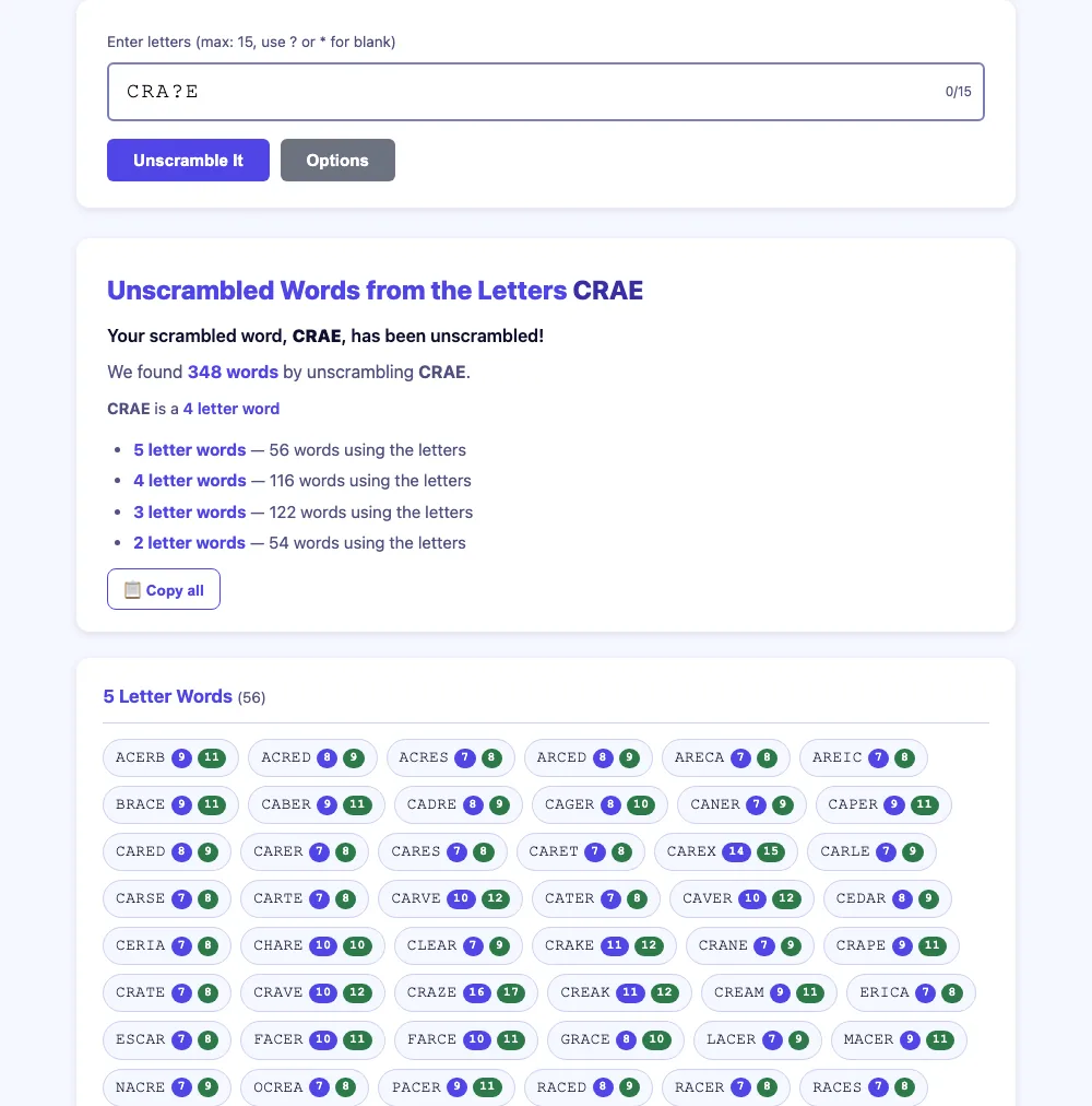 The same tool given CRA?E: the results header reads "Unscrambled Words from the Letters CRAE", 348 words found, and the five-letter list contains ACERB, BRACE, CEDAR and GRACE — words that do not fit the C-R-A-_-E pattern at all