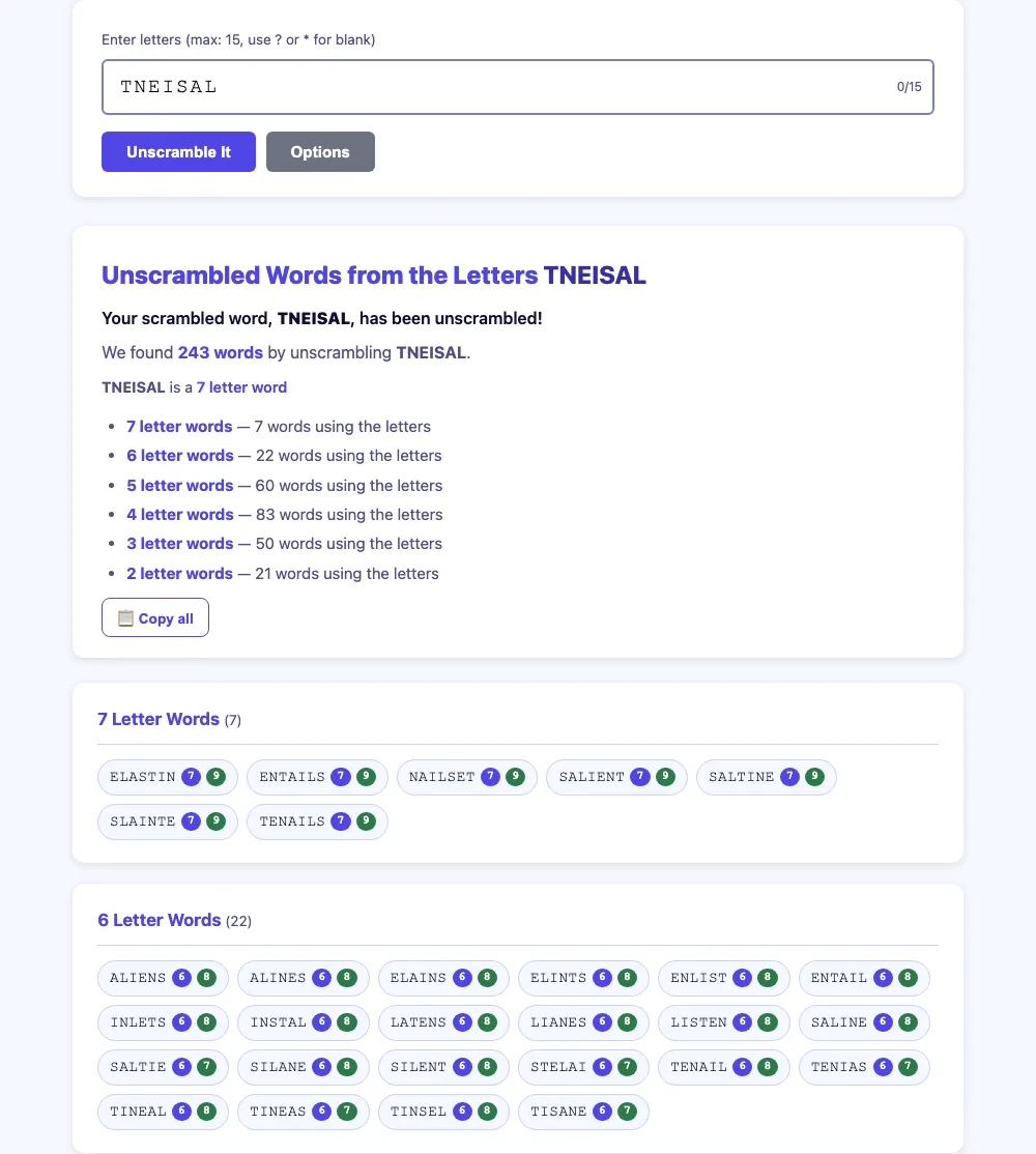 The Word Unscrambler results for TNEISAL: 243 words with a length breakdown, then the seven seven-letter words and all 22 six-letter words, each tagged with its Scrabble and Words With Friends score