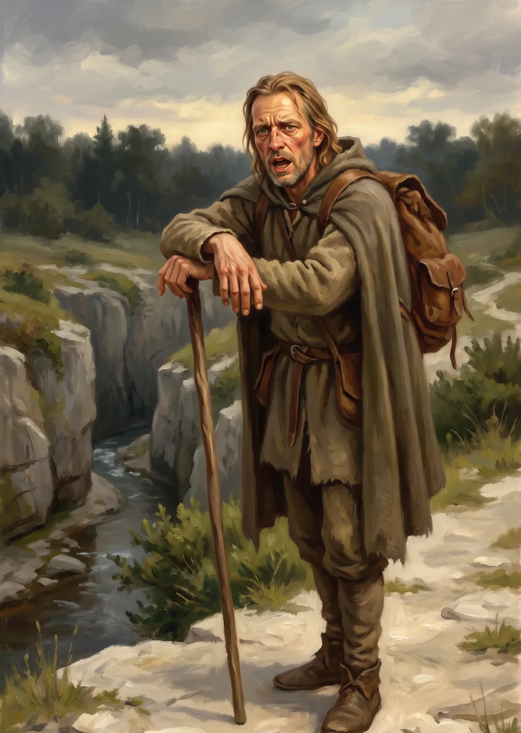 Oil painting of Aldric, a road-worn traveler with a walking staff and satchel, pausing on the limestone path above Whisper Hollow with the dark treeline of Inkhollow behind him.