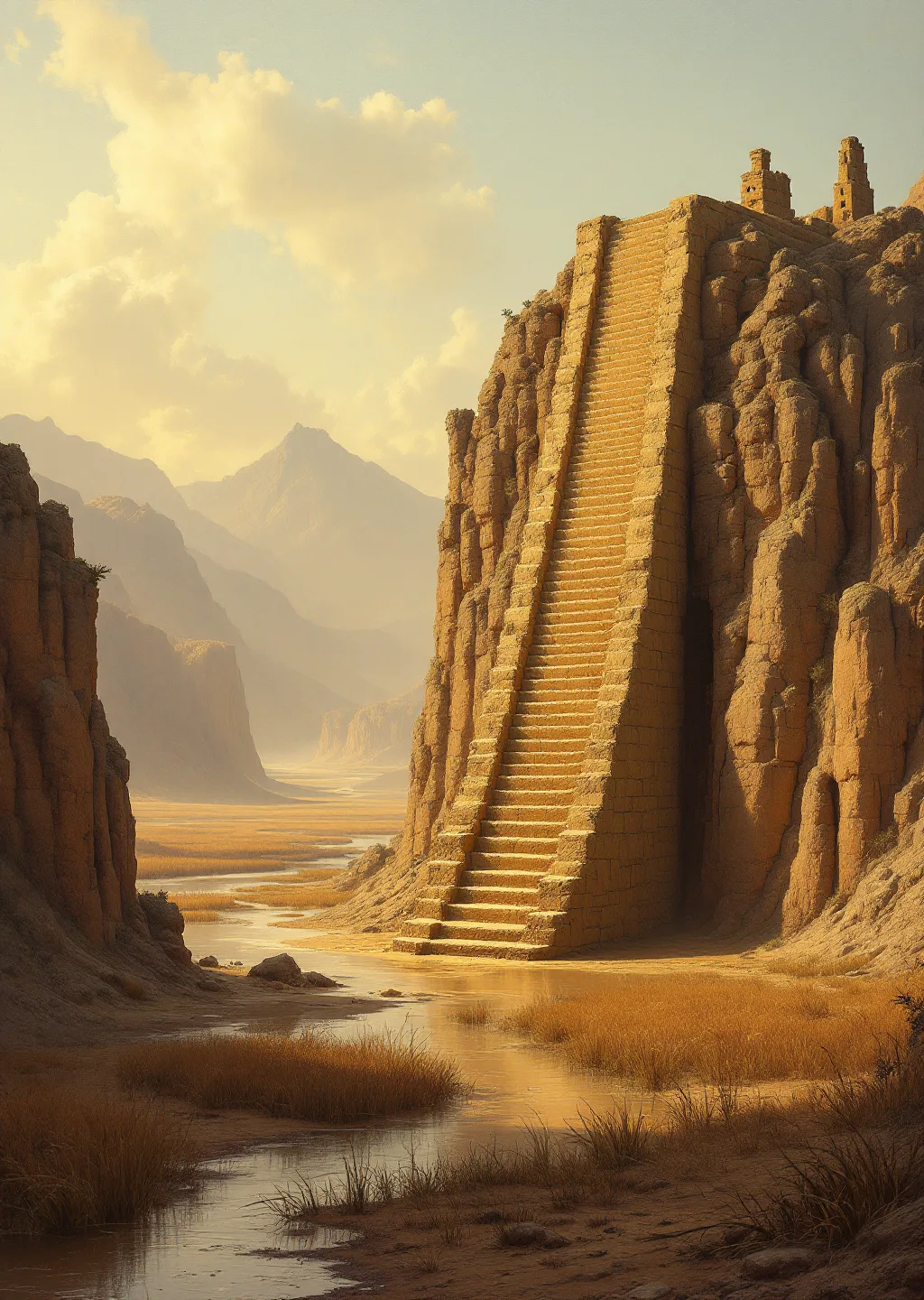 Oil painting of the ruined Babel Steps staircase rising out of the river silt toward an empty sky