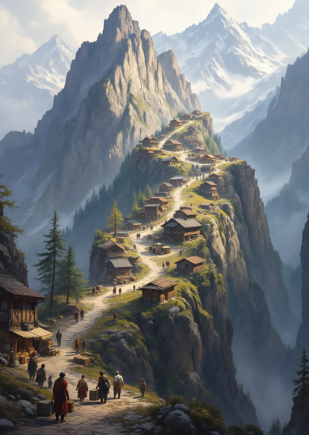 Oil painting of a bustling mountain supply village built into the switchbacks of a high, misty peak, porters carrying rope-bound crates up the winding trail.