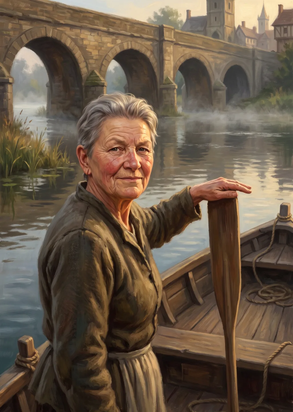Oil painting of a weathered old ferrywoman at the stern of her flat wooden ferry on a broad calm river.