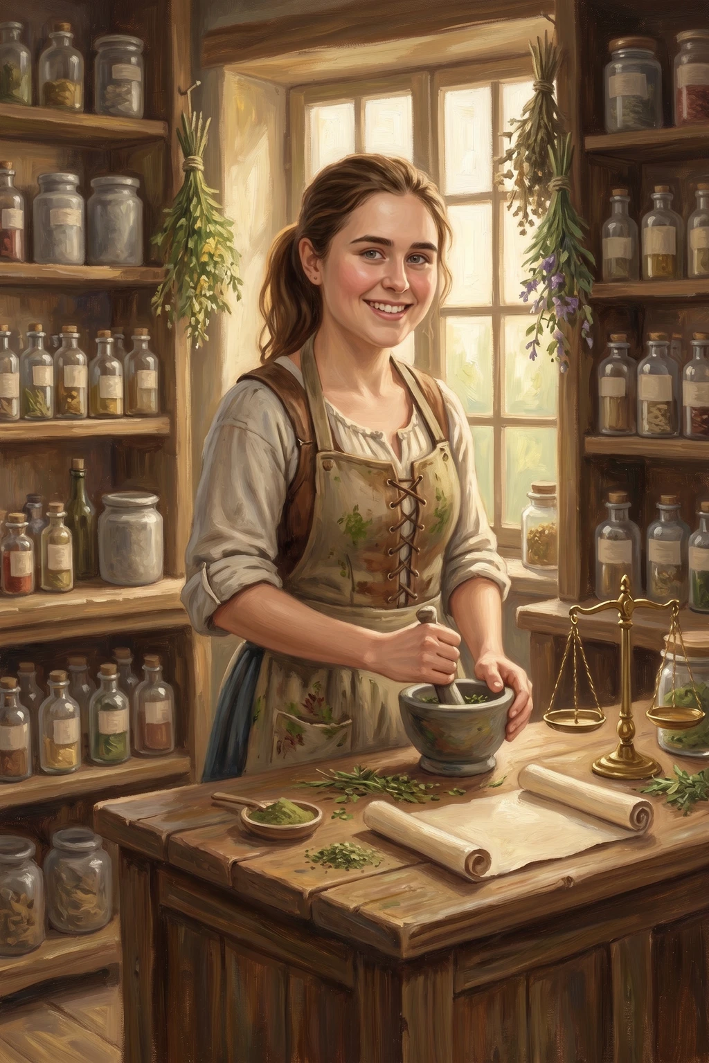 Oil painting of a cheerful young woman with brown hair in a loose ponytail, standing behind a deep stone counter in a herbalist's dispensary, wearing a linen blouse with rolled sleeves under a lace-front apron stained green with herbs, grinding a pestle in a dark stone mortar. Shelves of stoppered glass bottles and jars climb the walls behind her, drying herbs hang in the small-paned window, and a rolled formula-strip and brass balance-scale sit on the counter beside a scatter of green cuttings.