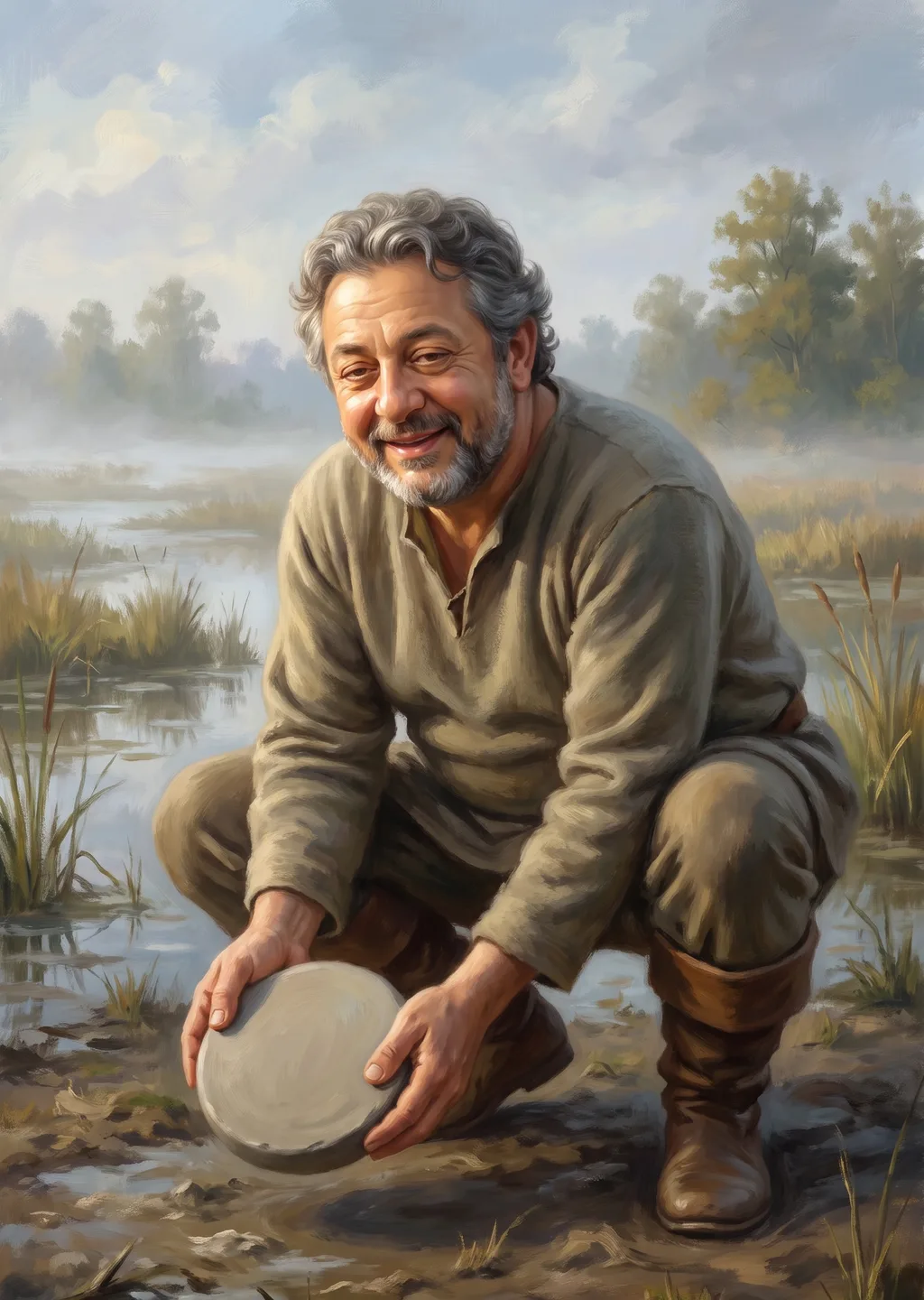 Oil painting of Calder the scholar crouching in the misty Glossary Mire, carefully lifting a weathered stone disc from the silt bank.