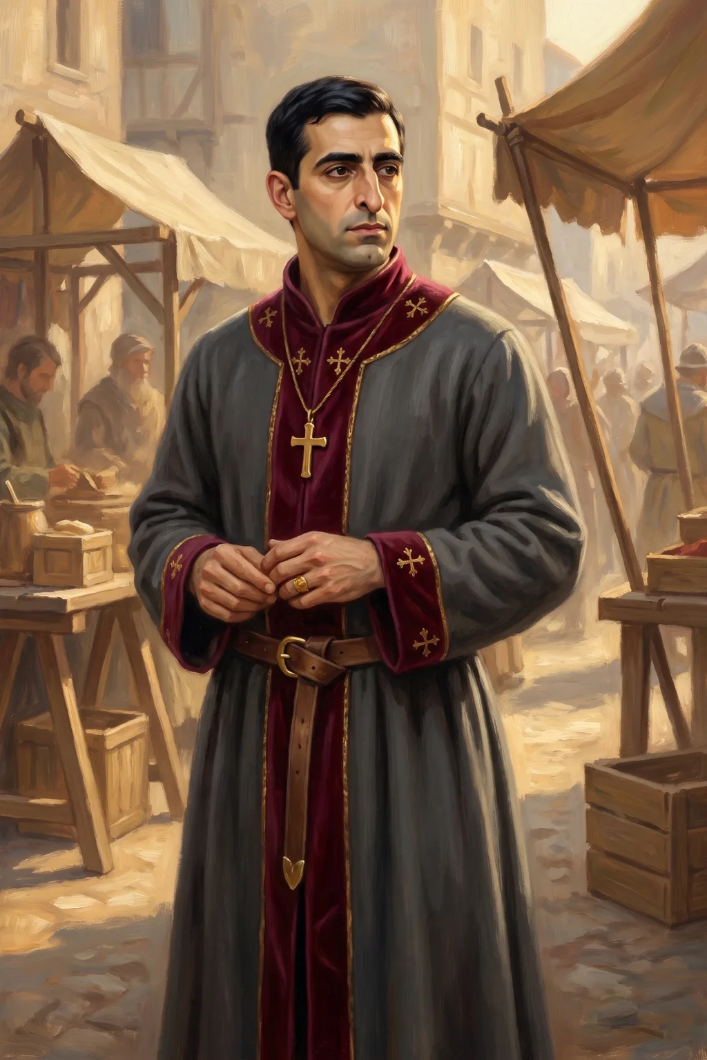 Oil painting of Coll the Aldren Adjudicator standing at the edge of a medieval marketplace, straightening his cuff