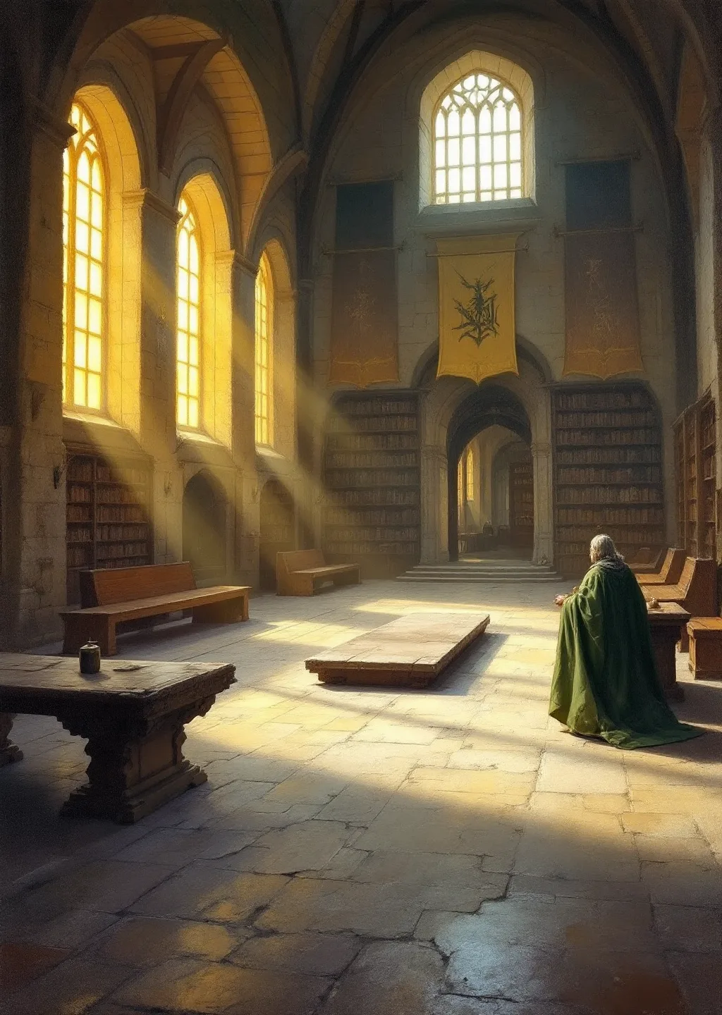 Oil painting of the grand charter-hall interior of Concordance Keep with its central stone shelf