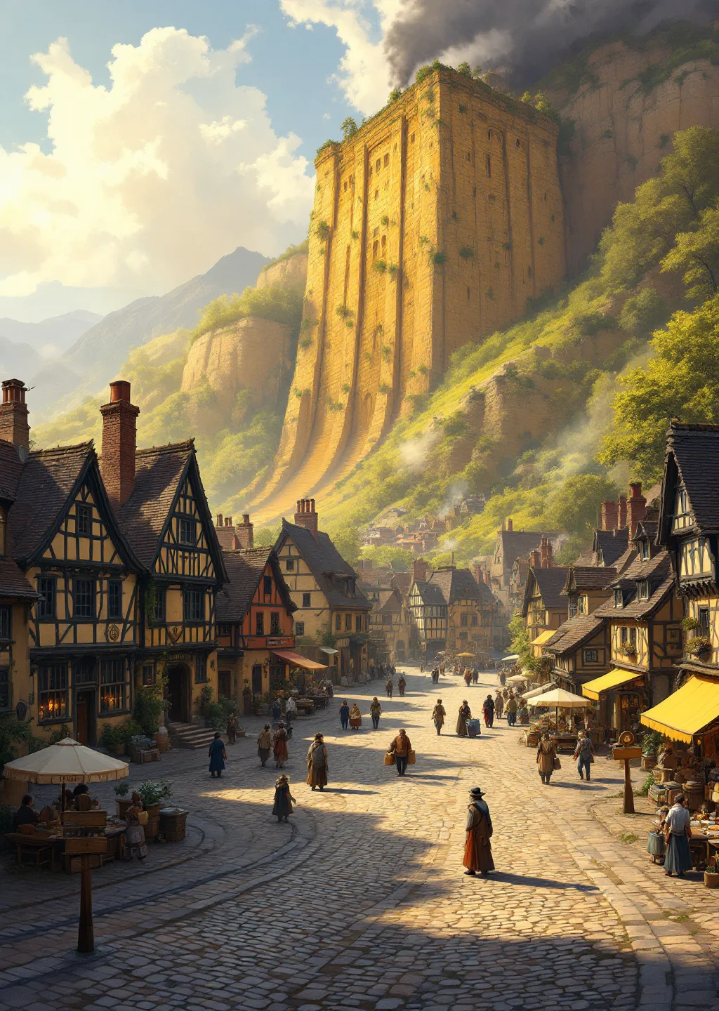 Oil painting of Couplet Landing, a bustling sorting-town of timber buildings beneath the towering amber stair at the foot of the Rhyming Stair.