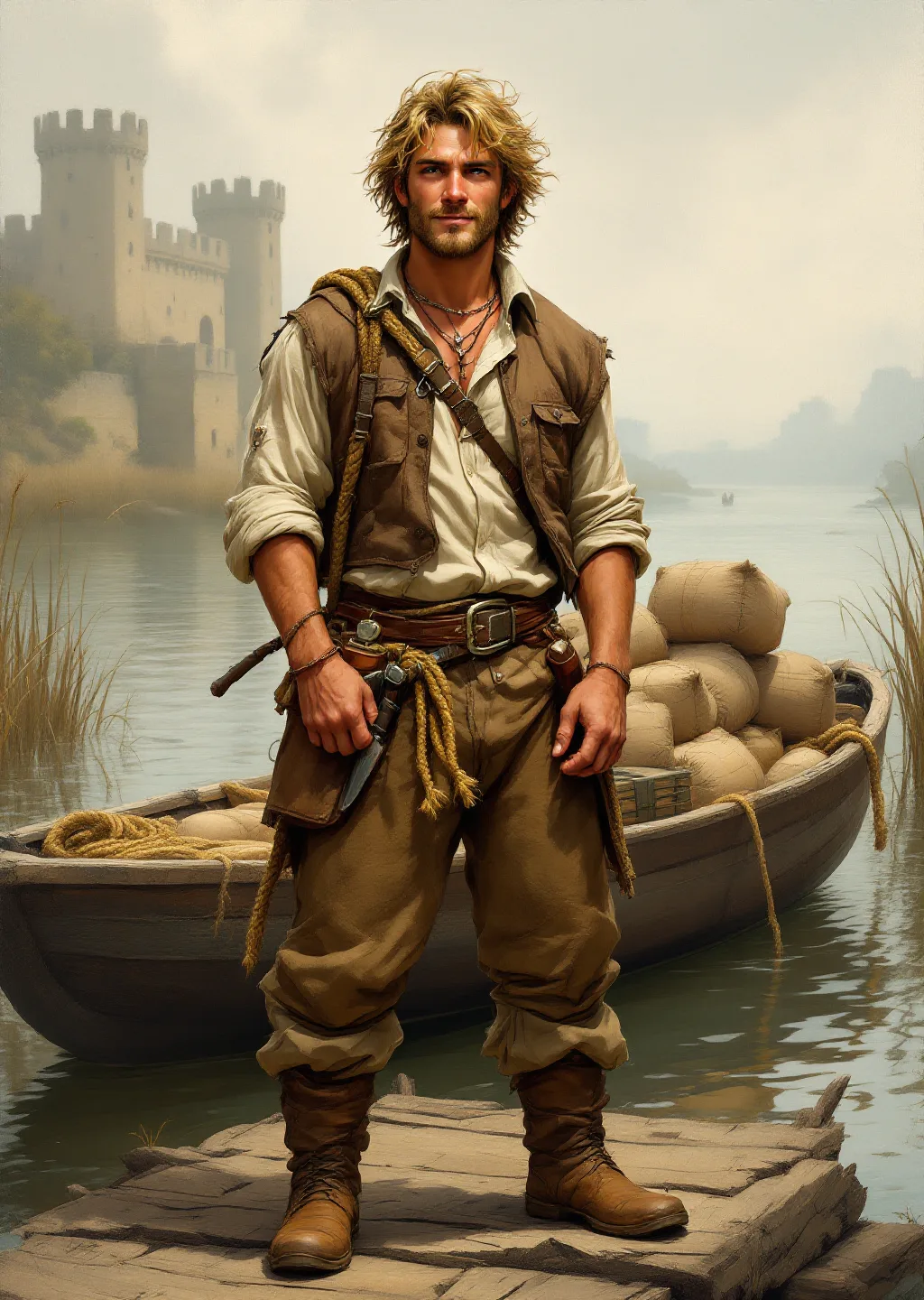 Oil painting of Darro, a river-runner, standing on a wooden landing with a coil of rope over his shoulder and his boat moored behind him.